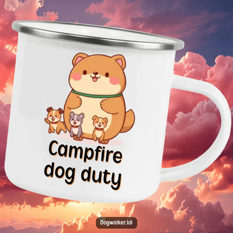 Funny camping mug showing a round, brown animal holding a leash with multiple, happily bouncing canine shapes, designed for dog lovers.