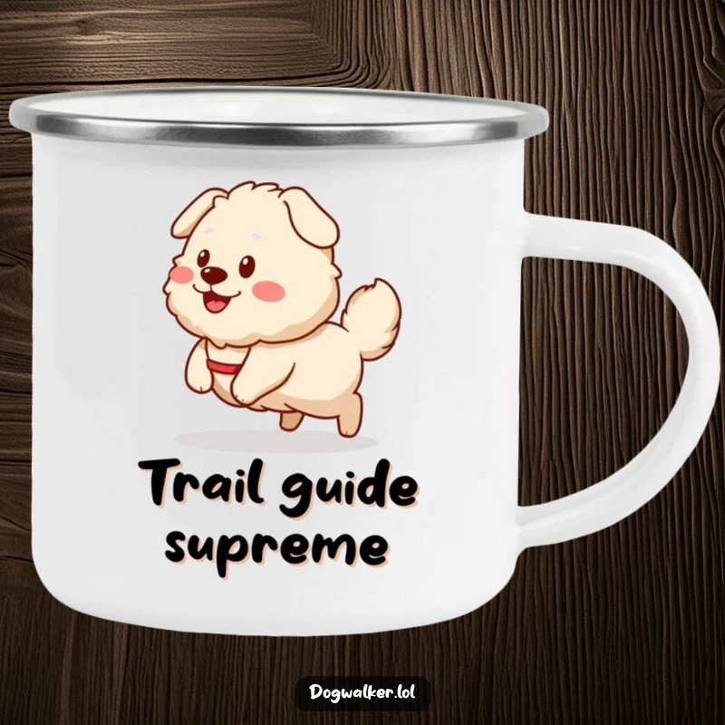 Funny Camping Mug: A fluffy dog happily pulls a smiling dog walker sprite, perfect for outdoor coffee breaks.