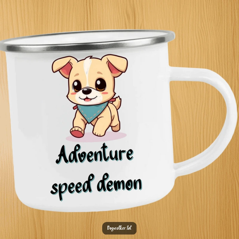 Funny Camping Mug: A small, energetic dog wearing a tiny bandana runs ahead of its dog walker, perfect for outdoor coffee.
