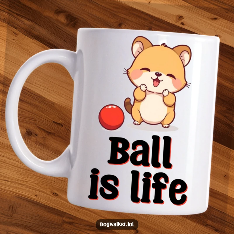 Funny Mug: A small, determined animal is actively trying to catch a bouncing red ball with its paws, full of playful energy.