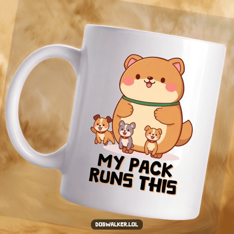 Funny mug featuring a round, brown animal holding a leash with multiple, happily bouncing canine shapes, depicting a joyful dog walk.