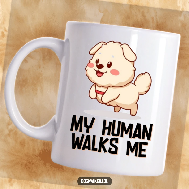 Funny Mug: A fluffy dog with a furiously wagging tail happily pulls a smiling dog walker character along the path.