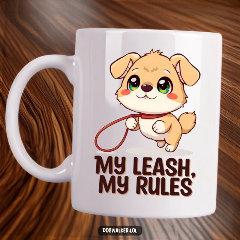 Funny Mug: A giggling animal with big bright eyes is playfully pulled by a long leash, expressing pure joy and humor.