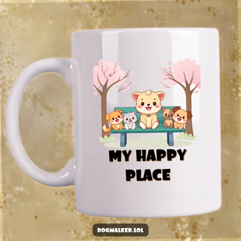 Funny Mug: A cheerful animal sits on a park bench, surrounded by happy cartoon dogs, radiating friendship and fun.