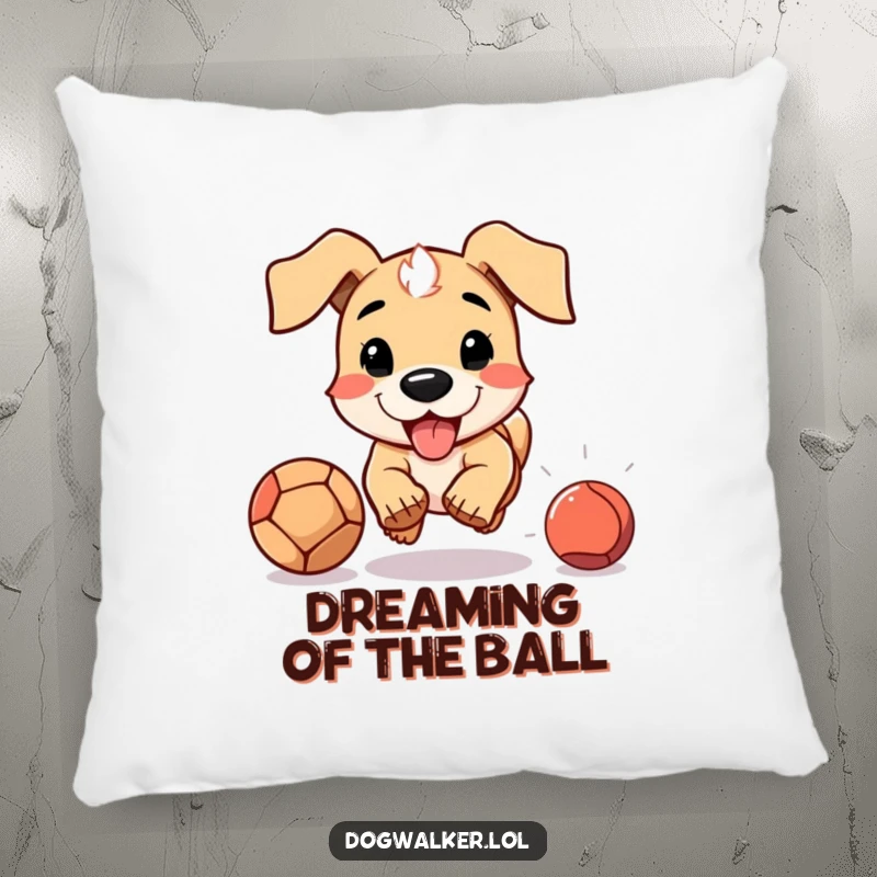 Funny throw pillow featuring a dog with floppy ears excitedly chasing a ball, adding humorous comfort to any room.