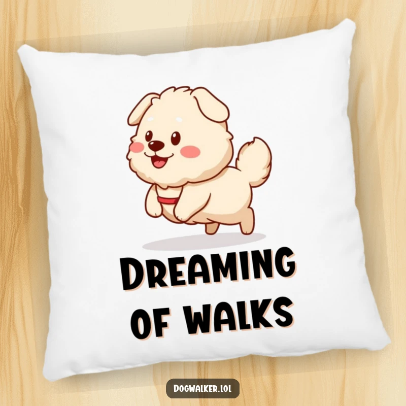 Funny Pillow: A fluffy dog happily pulls a smiling dog walker sprite, a comfy addition to any couch.