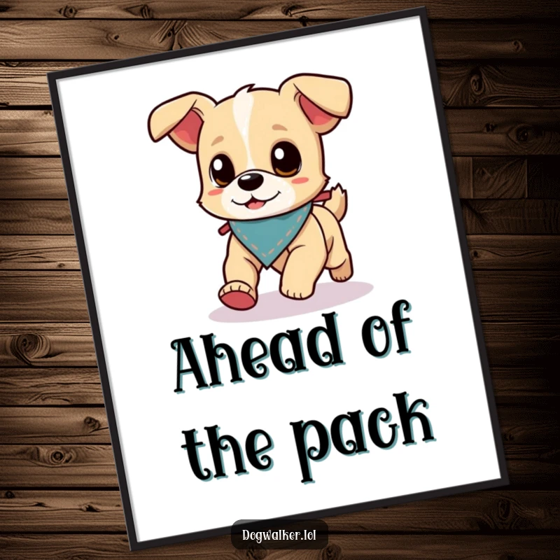 Funny Digital Art: A small, energetic dog wearing a tiny bandana runs ahead of its dog walker, ready for printing.