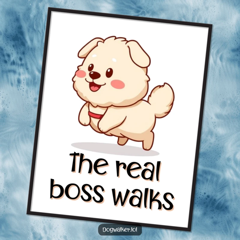 Funny Digital Art: A fluffy dog happily pulls a smiling dog walker sprite, ready for printing and framing.