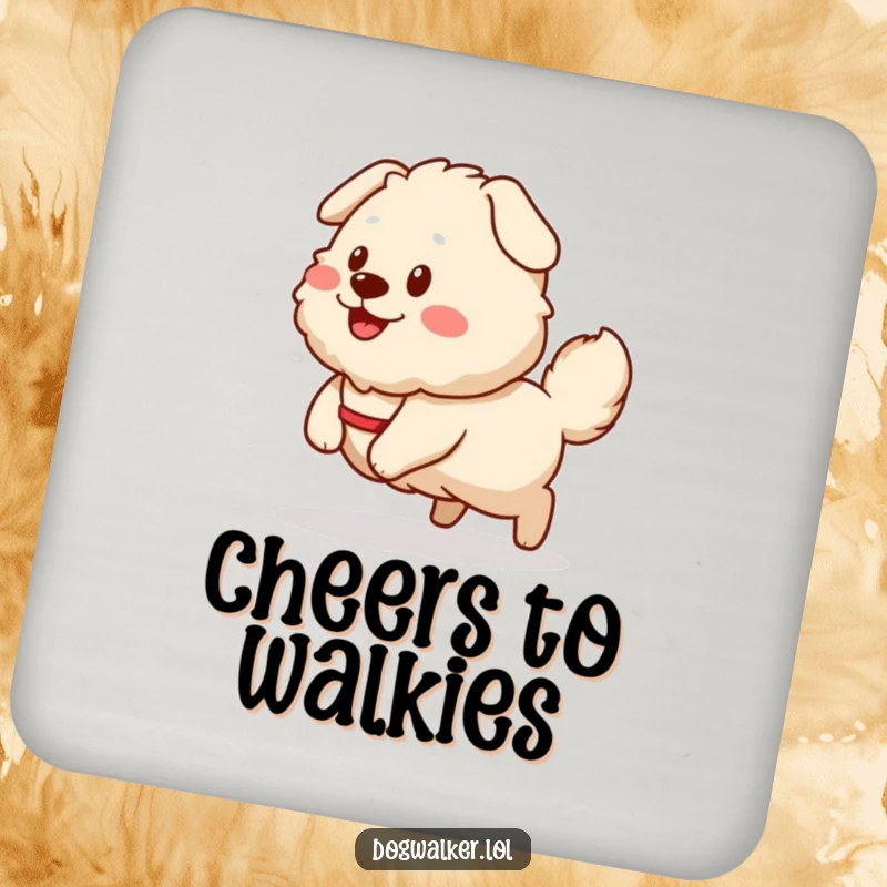 Funny Coaster: A fluffy dog happily pulls a smiling dog walker sprite, a humorous way to protect furniture.