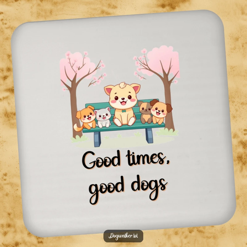Funny Coaster: A cheerful animal on a park bench is surrounded by happy cartoon dogs, protecting your surfaces humorously.