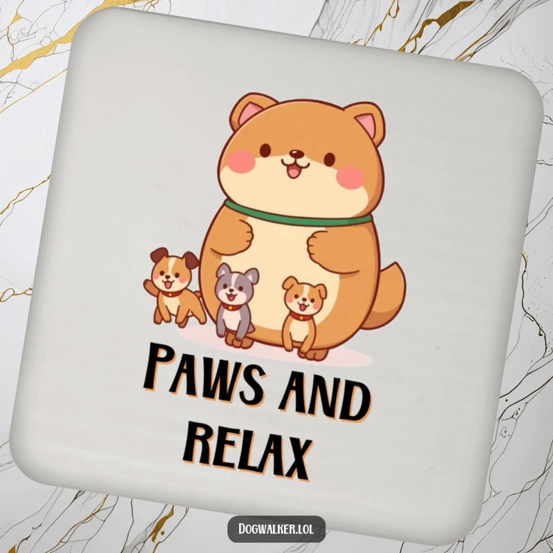 Funny drink coasters featuring a round, brown animal holding a leash with multiple, happily bouncing canine shapes, protecting surfaces with art.