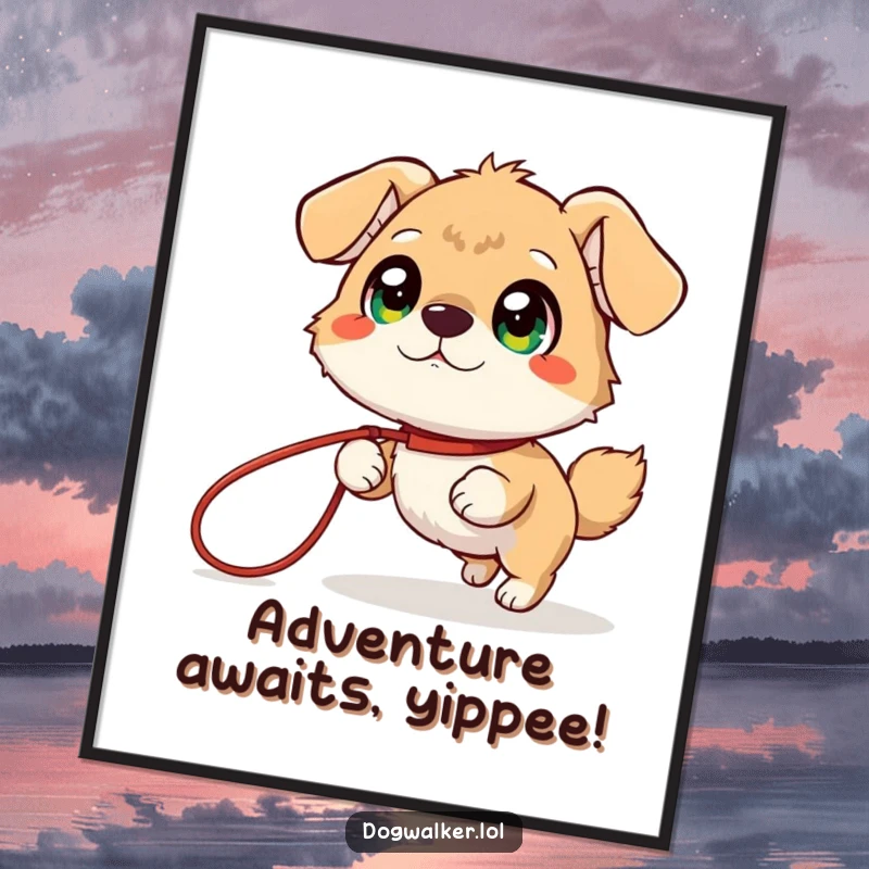 Funny Poster: A giggling animal with large, bright eyes is playfully pulled by a long leash, radiating infectious happiness.