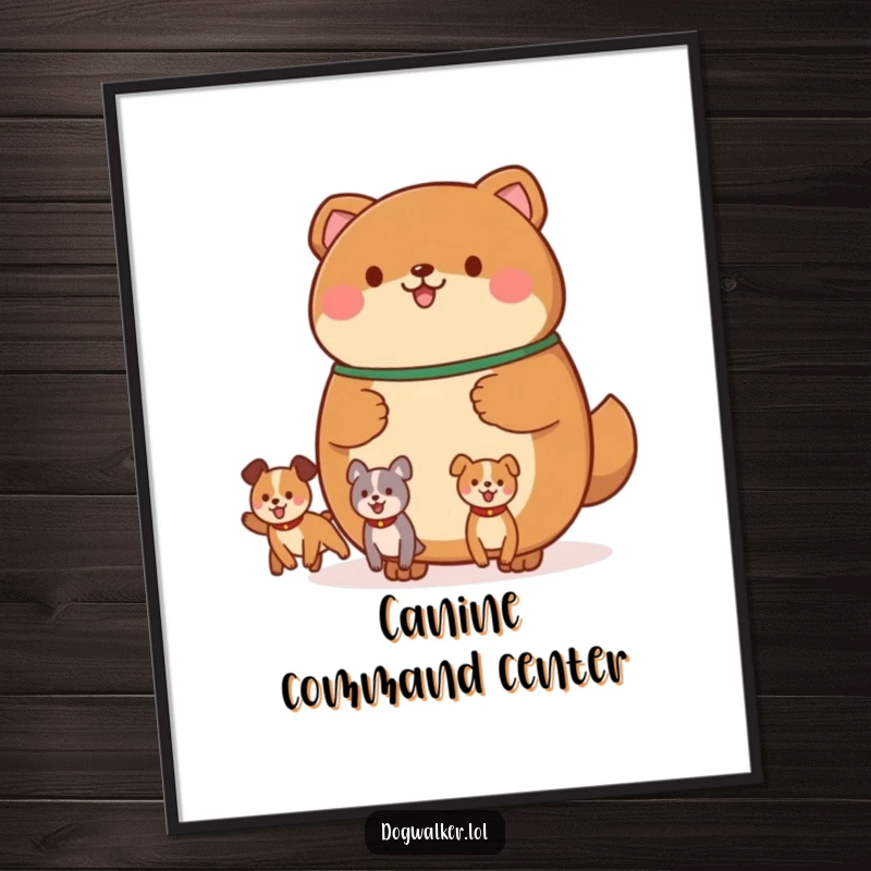 Funny poster of a round, brown animal holding a leash with multiple, happily bouncing canine shapes, depicting a joyful scene.