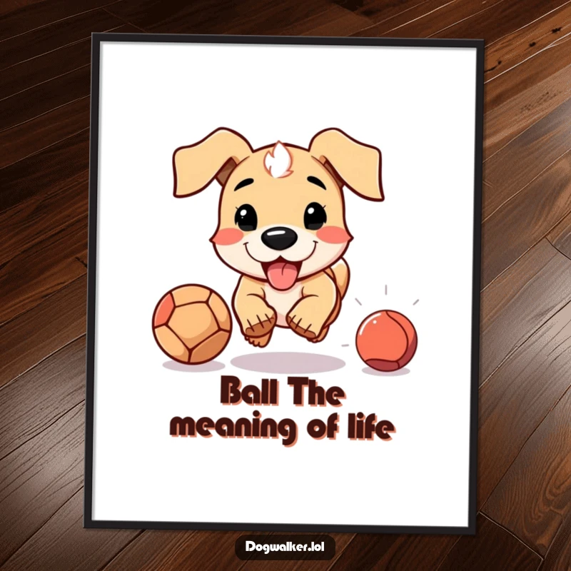 Funny poster of a dog with floppy ears energetically chasing a thrown ball, capturing the thrill of the game.