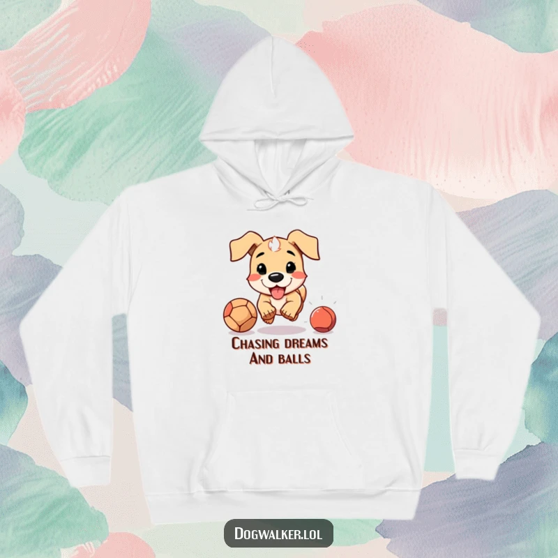 Funny hoodie depicting a dog with floppy ears in full chase after a thrown ball, showcasing energetic humor.