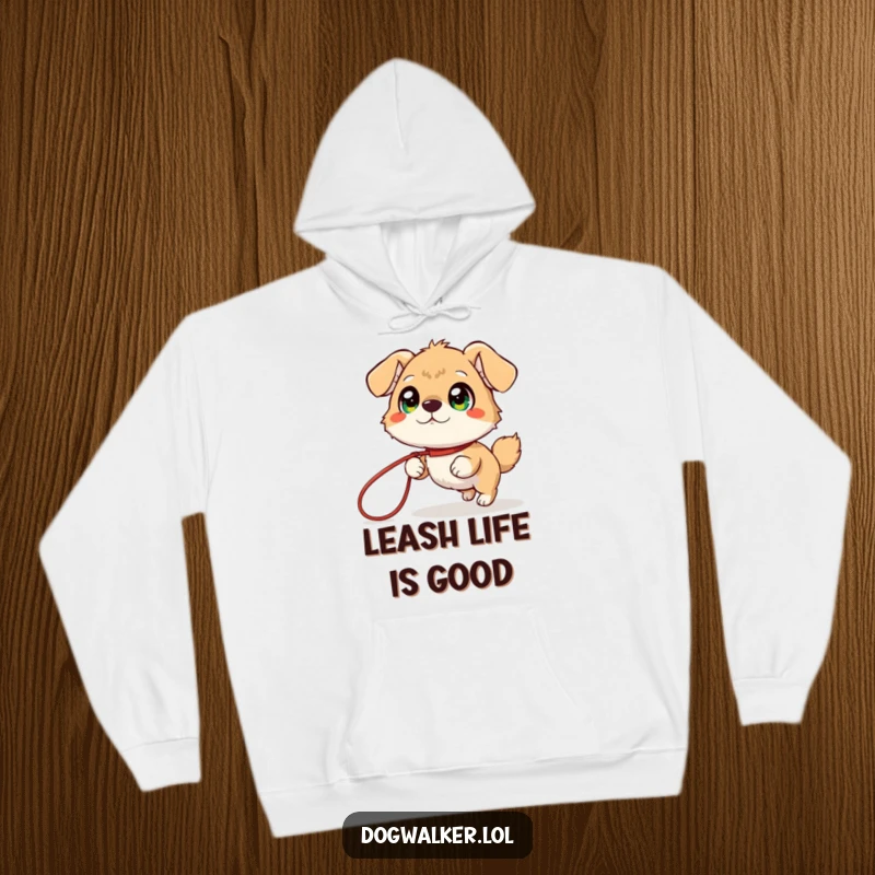 Funny Hoodie: A cute, giggling animal with wide, happy eyes is playfully tugged by a long leash, showcasing pure glee.