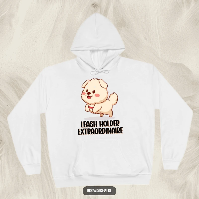 Funny Hoodie: A fluffy dog with a wagging tail joyfully pulls a smiling dog walker sprite, embodying canine excitement.