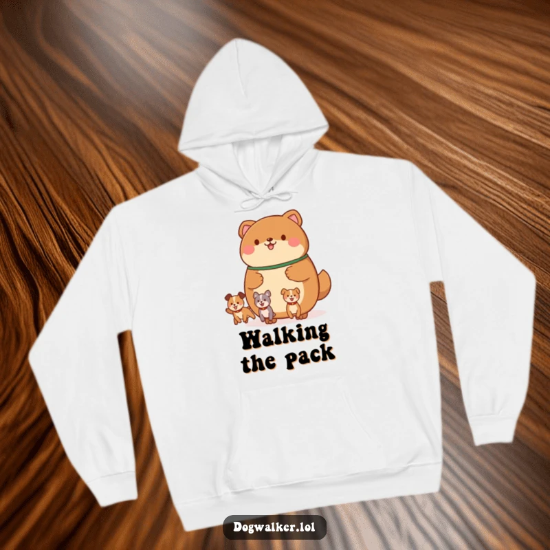 Funny hoodie depicting a round, brown animal holding a leash with multiple, happily bouncing canine shapes, ideal for dog walkers.