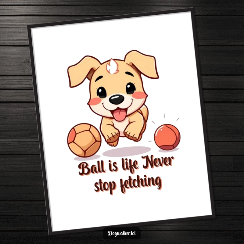 Funny Free Printable Wall Art: Energetic dog with floppy ears, enthusiastically chasing a thrown ball, playful pet, downloadable art.