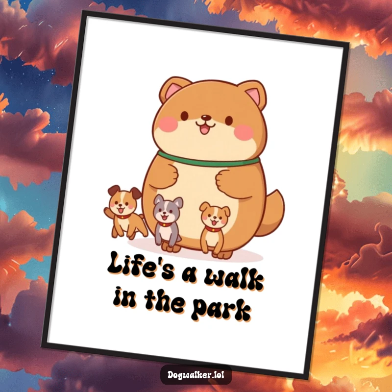 Funny Free Printable Wall Art: A round, brown animal holding a leash with multiple, happily bouncing canine shapes.