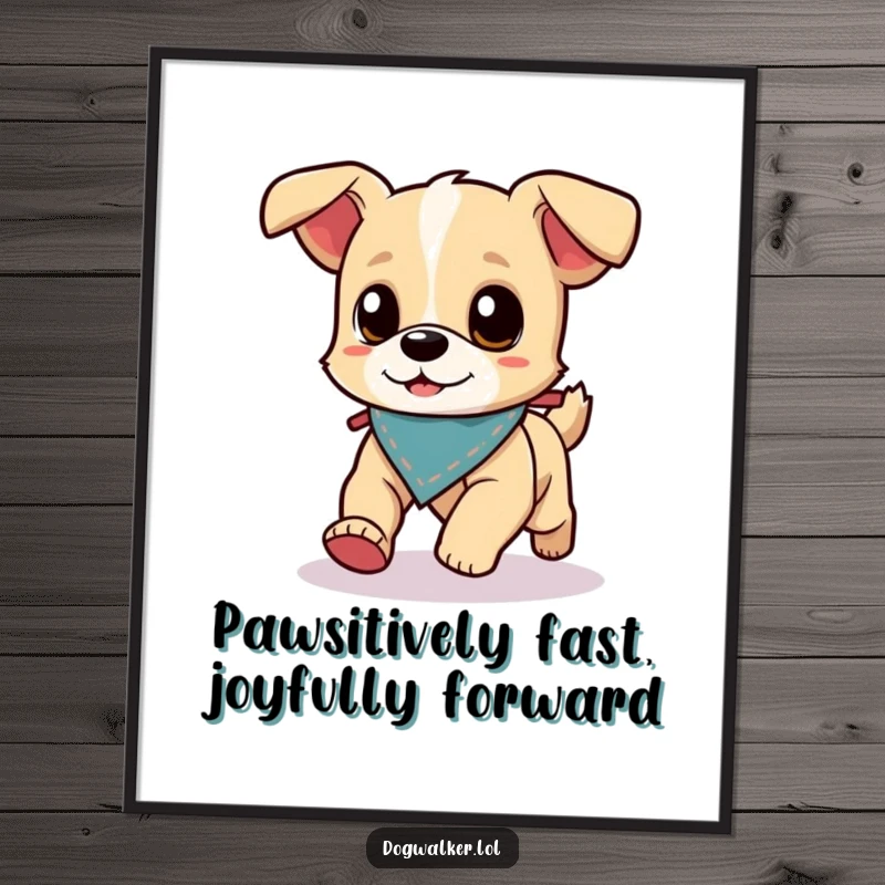 Funny Free Printable Wall Art: Small energetic dog with bandana running swiftly ahead of its walker.