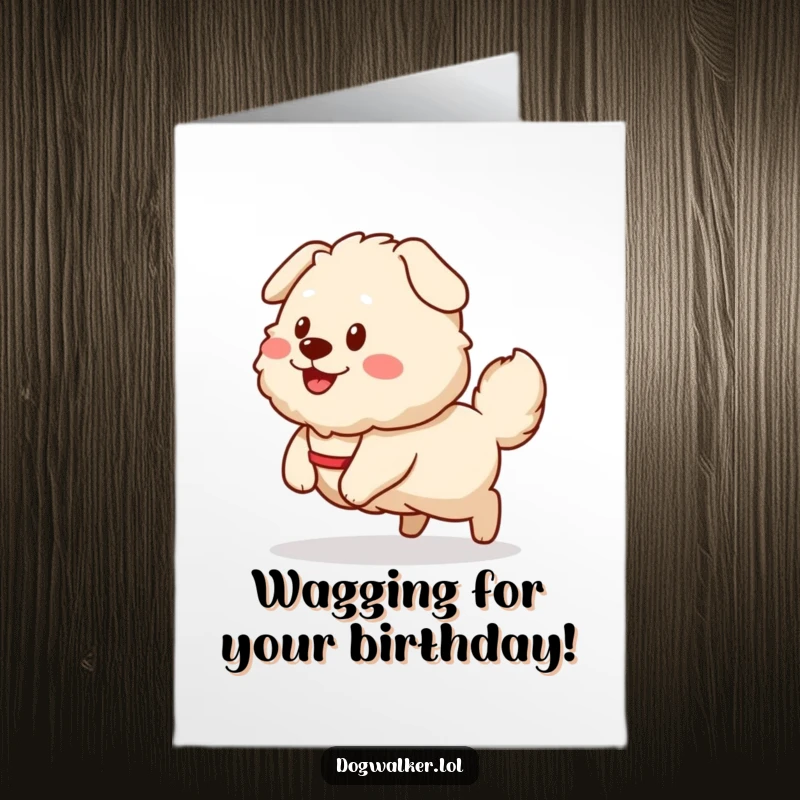Funny Free Printable Birthday Card: Fluffy dog with wagging tail happily pulls a smiling dog walker sprite.