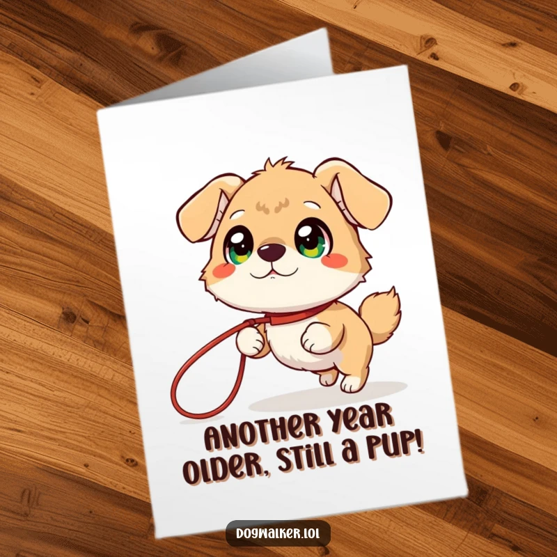 Funny Free Printable Birthday Card: Giggling animal with bright eyes joyfully pulled by a leash, ready for a celebration.