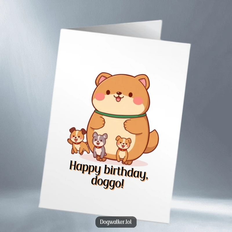 Funny Free Printable Birthday Card: Round, brown animal holding a leash with multiple, happily bouncing canine shapes.