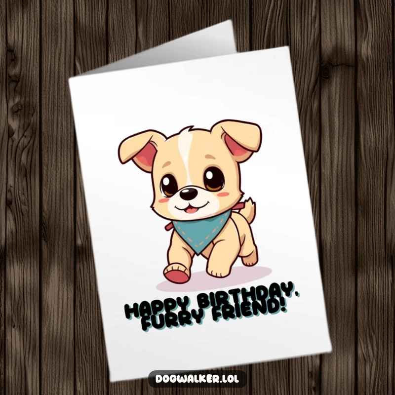 Funny Free Printable Birthday Card: Small energetic dog in bandana runs ahead of its walker with glee.