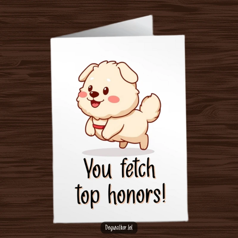 Funny Free Printable Congratulations Card: A happy dog with a wagging tail enthusiastically pulls its smiling dog walker sprite.