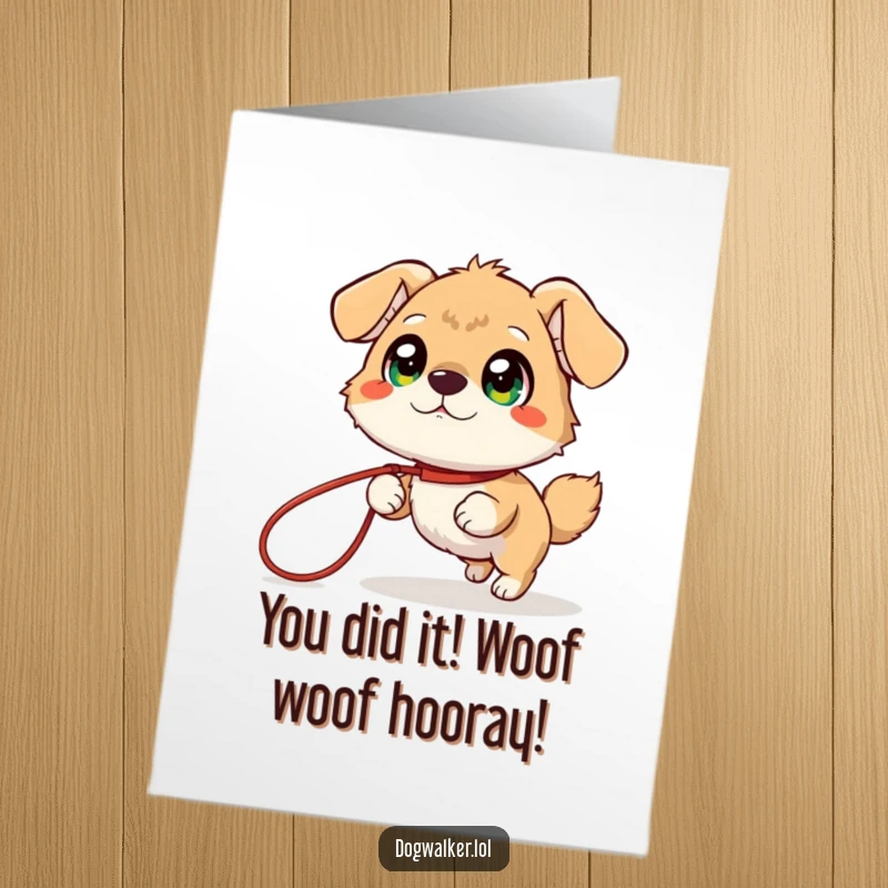 Funny Free Printable Congrats Card: Giggling animal on a leash, celebrating success with bright eyes and playful energy.