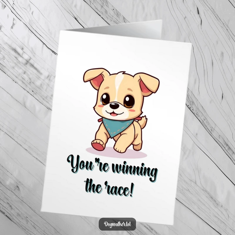 Funny Free Printable Congratulations Card: An energetic dog wearing a bandana races ahead of its pleased walker.