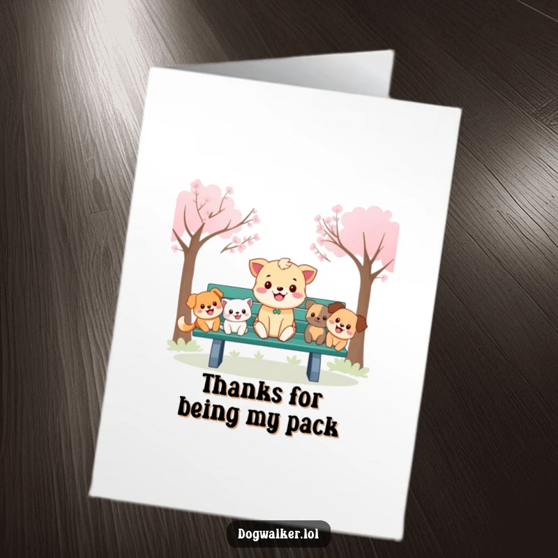 Funny Free Printable Thank You Card: Cheerful animal on a park bench, surrounded by happy dogs, saying thanks.
