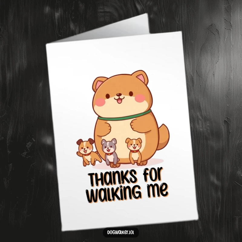 Funny Free Printable Thank You Card: Round, brown animal holding a leash with multiple, happily bouncing canine shapes.