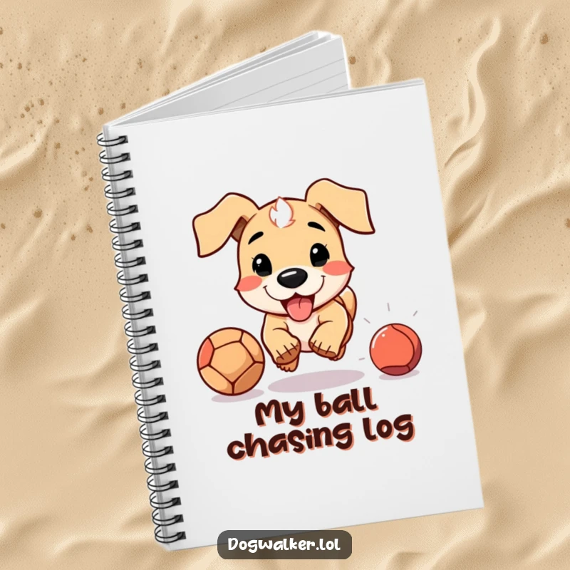 Funny notebook featuring a dog with floppy ears enthusiastically chasing a ball, for capturing notes and playful thoughts.