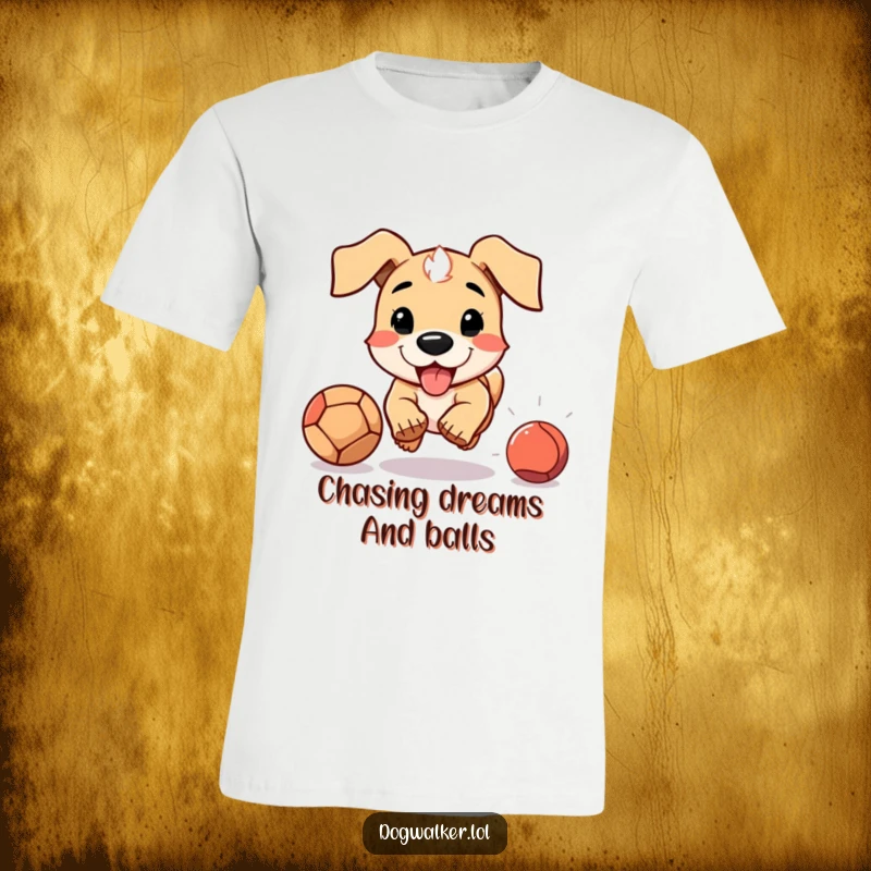 Funny t-shirt featuring a dog with floppy ears enthusiastically chasing a thrown ball, capturing the spirit of playtime.