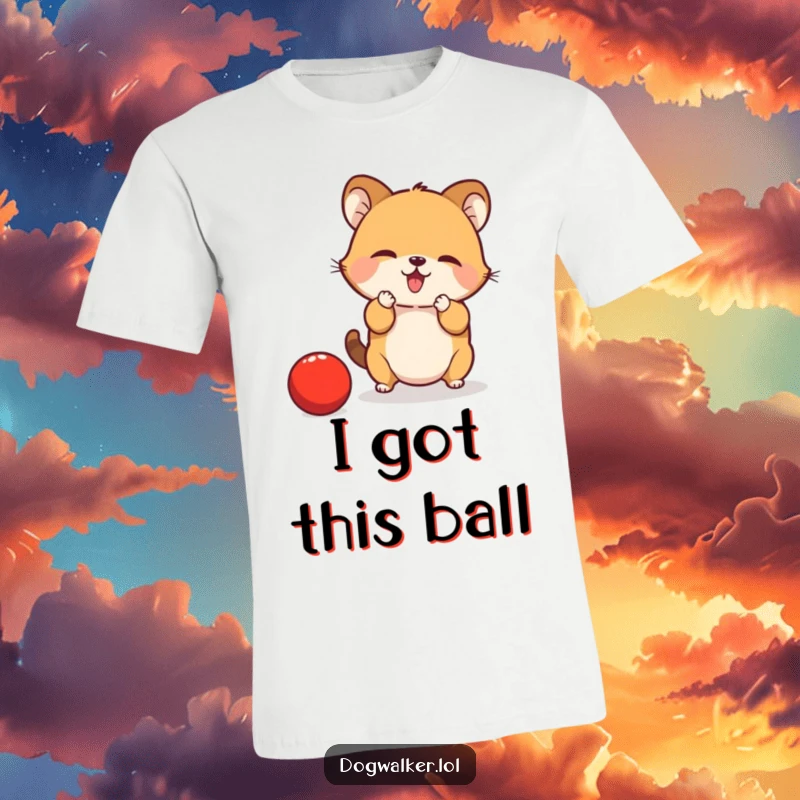 Funny T-Shirt: A cute, small animal is focused on catching a bouncing red ball with its fuzzy paws.