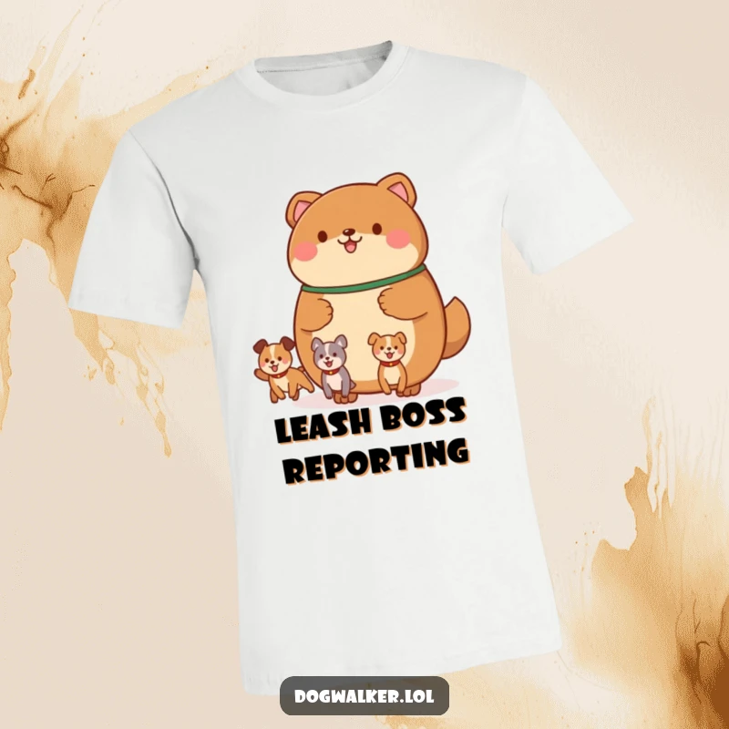 Funny t-shirt with a round, brown animal holding a leash with multiple, happily bouncing canine shapes, celebrating the energy of dog walks.