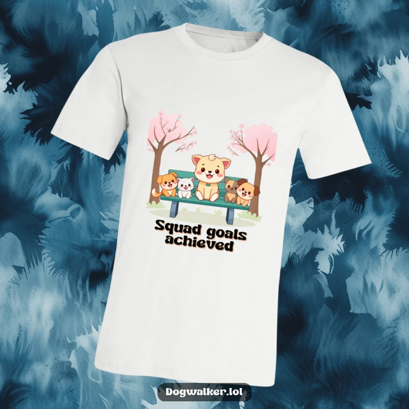 Funny T-Shirt: A happy animal sits on a park bench, flanked by a pack of smiling cartoon dogs in a fun scene.