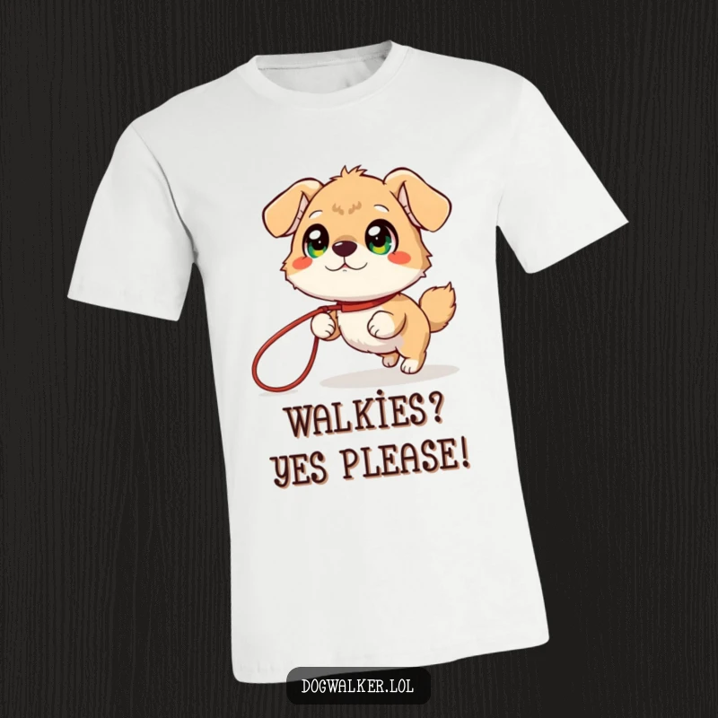 Funny T-Shirt: A cheerful, giggling animal with large, bright eyes is joyfully pulled along by a long, playful leash.