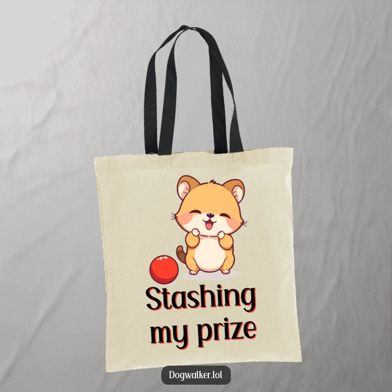 Funny Tote Bag: A small animal is mid-leap, paws outstretched, attempting to catch a bouncing red ball.