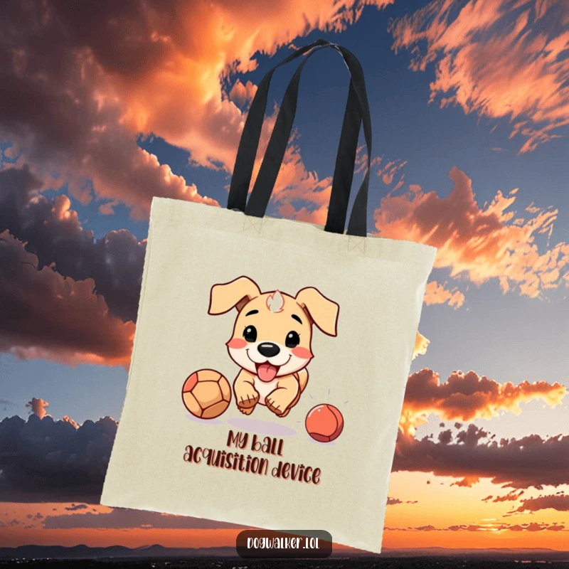 Funny tote bag showing a dog with floppy ears enthusiastically chasing a ball, perfect for carrying picnic essentials and humor.